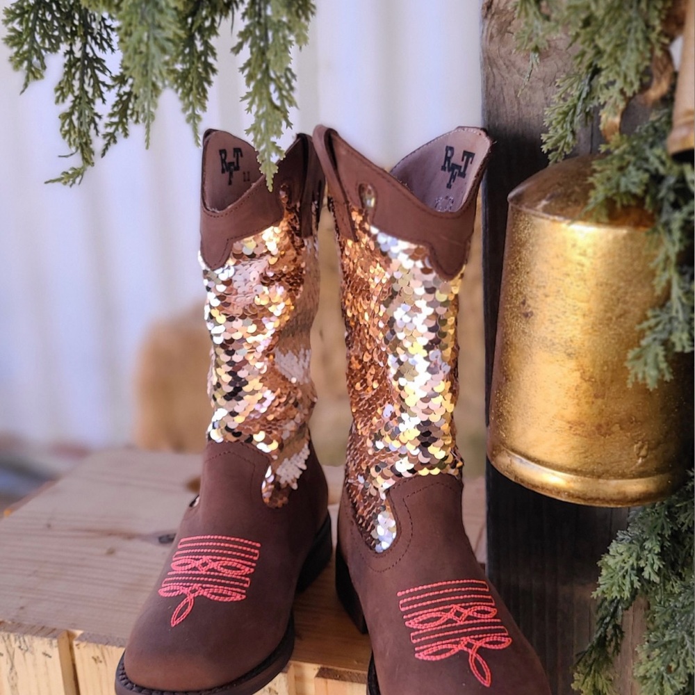 Brown and Gold Sequin Cowboy Boots Girls Size 5